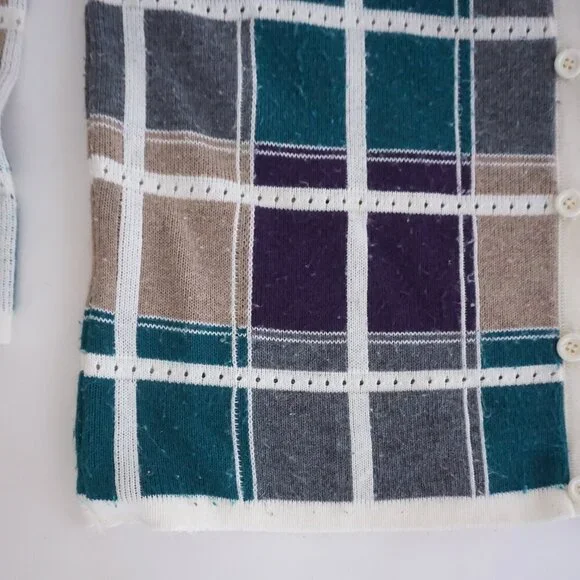 Alfred Dunner Cream Multi Cotton Plaid Knit Button Cardigan Preppy M - Picture 8 of 10